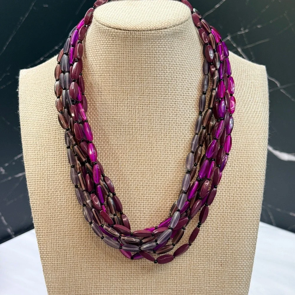 Premier Designs Purple Beaded Four Strand Layered Necklace Gunmetal Tone Clasp